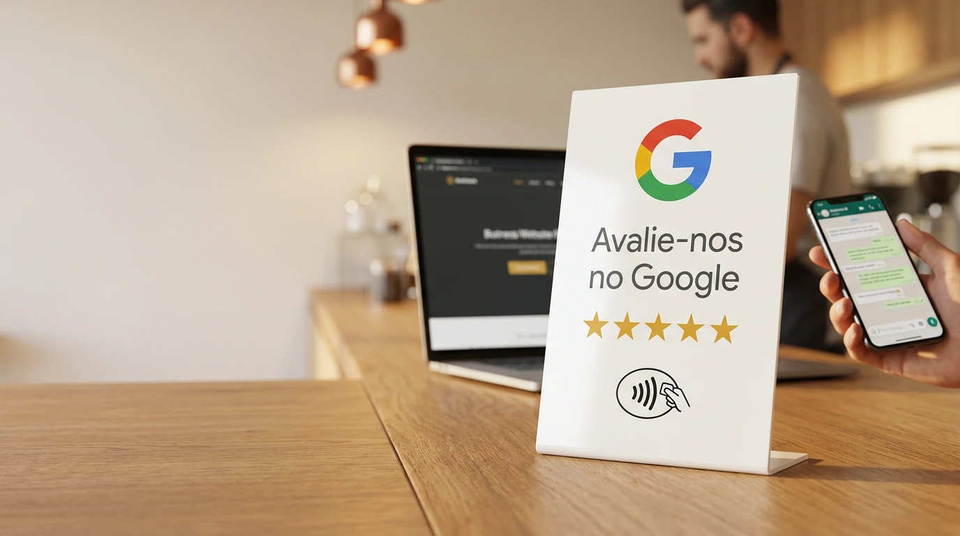 Placa de acrílico branco sobre o balcão com o logotipo do Google, a frase Avalie-nos no Google, cinco estrelas e o ícone de aproximação NFC.