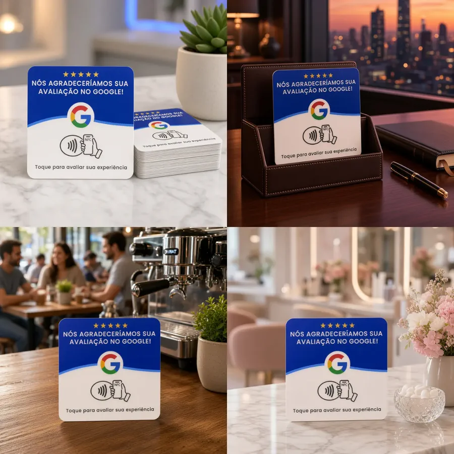 Quatro fotos da mesma placa NFC azul e branca em ambientes diferentes: escritório, mesa de trabalho, cafeteria e recepção.