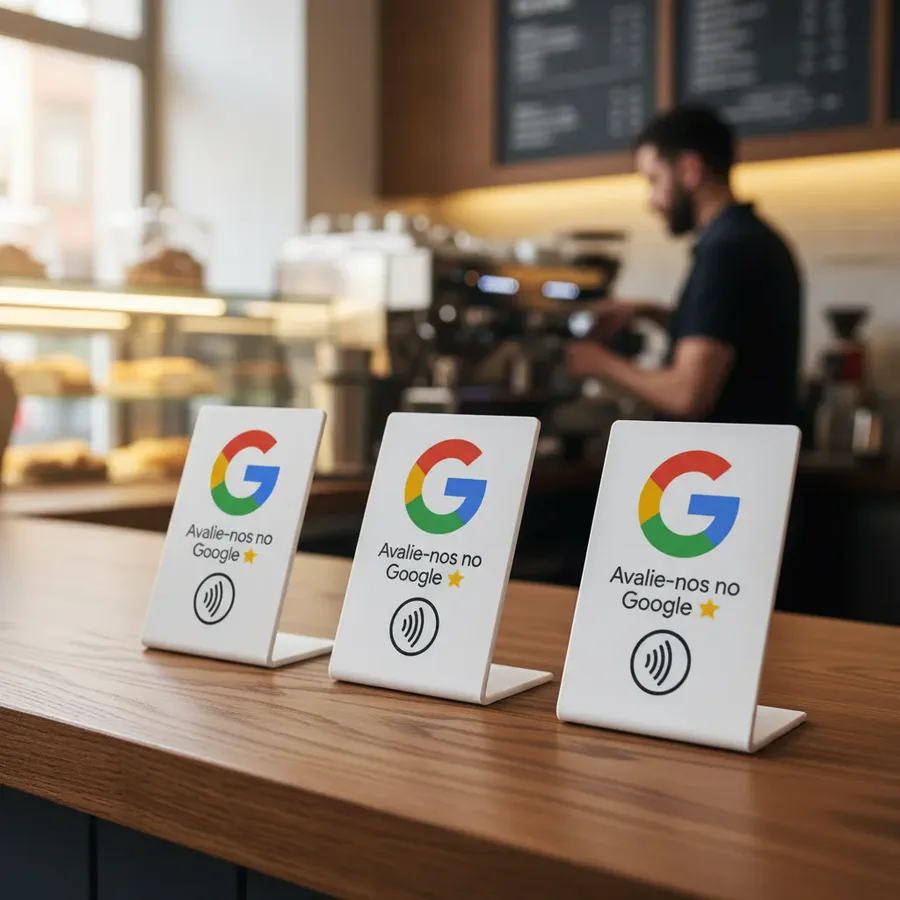 Três placas NFC brancas enfileiradas no balcão de uma cafeteria, com o logotipo do Google e o pedido de avaliação, enquanto o atendente trabalha ao fundo.