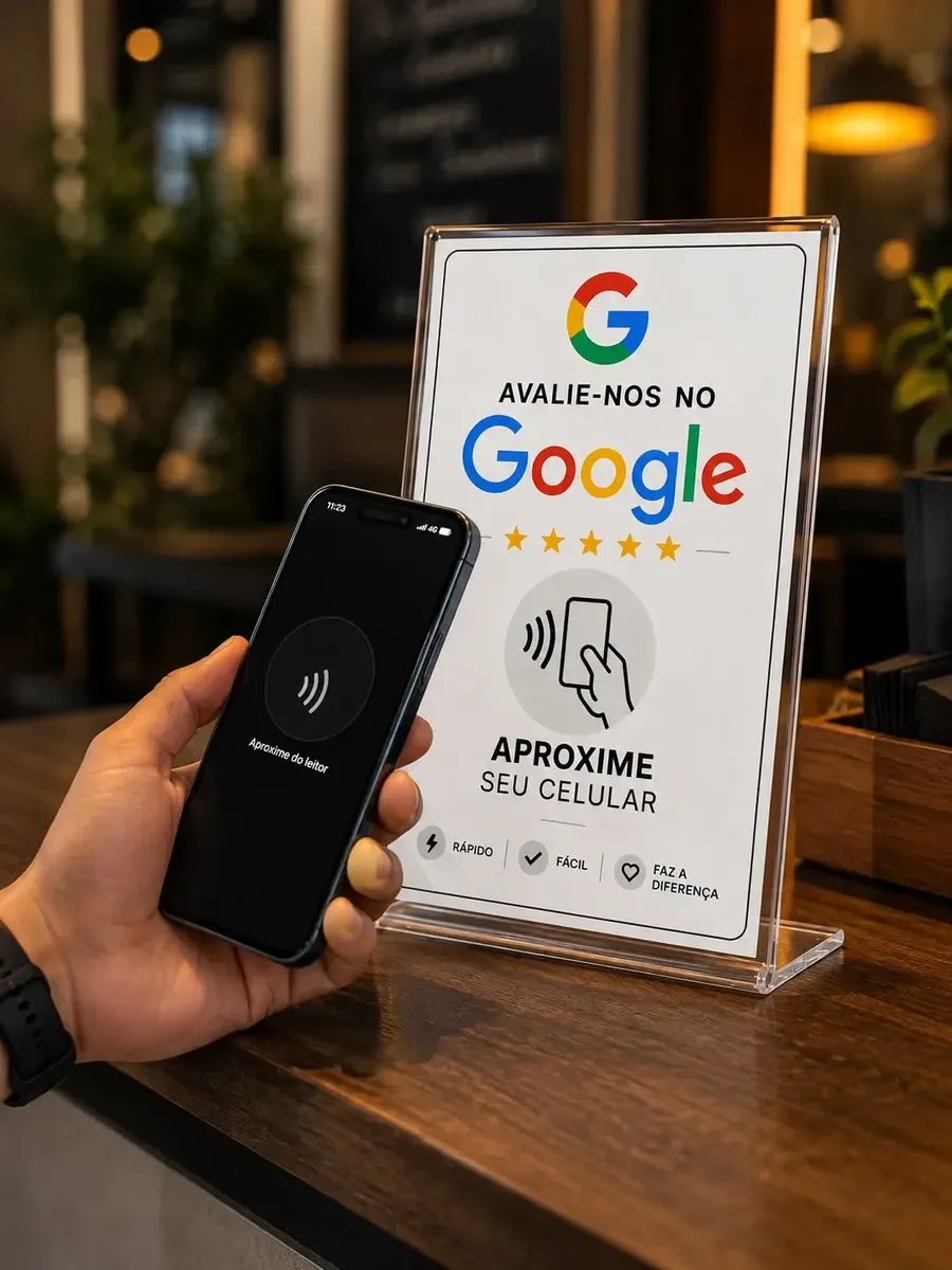 Cliente aproximando o celular de uma placa com NFC no balcão para avaliar a empresa no Google.