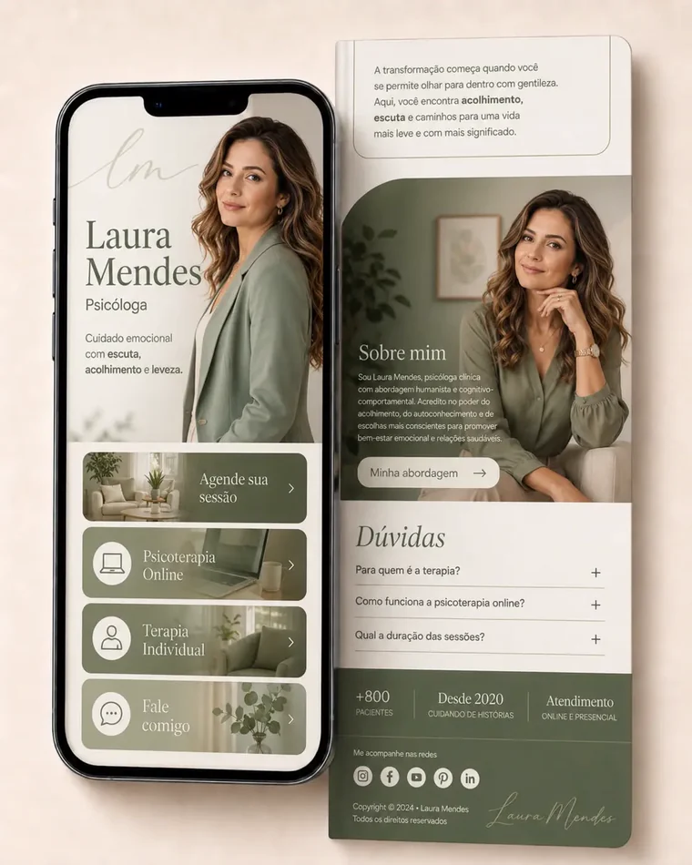Bio link de uma psicóloga aberto no celular, ao lado da página inteira: capa com nome e profissão, botões para agendar sessão, psicoterapia online e terapia individual, bloco Sobre mim, dúvidas e redes sociais.