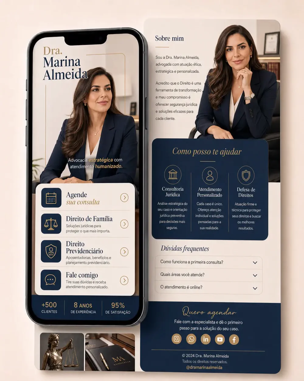 Link na bio aberto no celular, com botão de agendamento, áreas de atuação e perguntas frequentes.