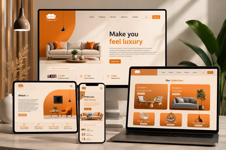 O mesmo site de uma loja de móveis aberto ao mesmo tempo em quatro telas — monitor, notebook, tablet e celular — com o layout se reorganizando em cada tamanho.