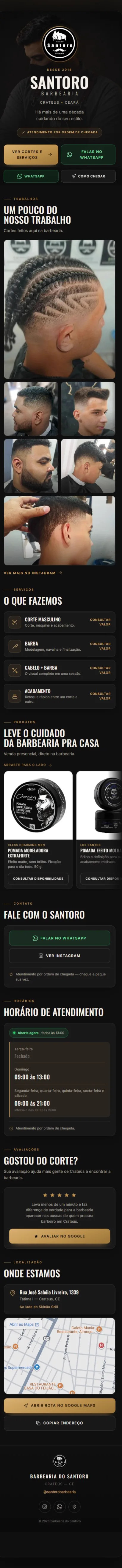 Site da Santoro Barbearia aberto no celular: logotipo da barbearia, o nome em destaque, botões para ver cortes e serviços, falar no WhatsApp e chegar até a loja, e abaixo a galeria de trabalhos.