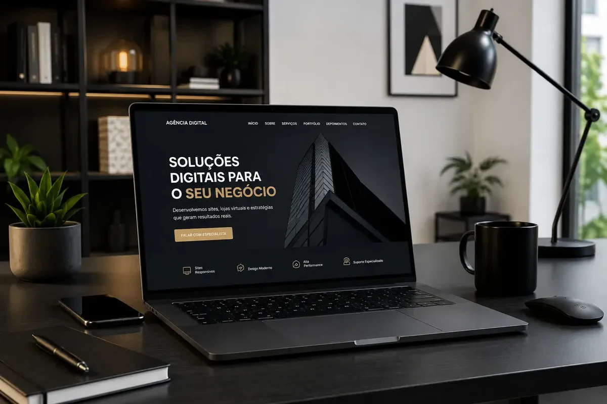 Notebook sobre uma mesa de escritório exibindo a página inicial de um site profissional, com o título Soluções digitais para o seu negócio.